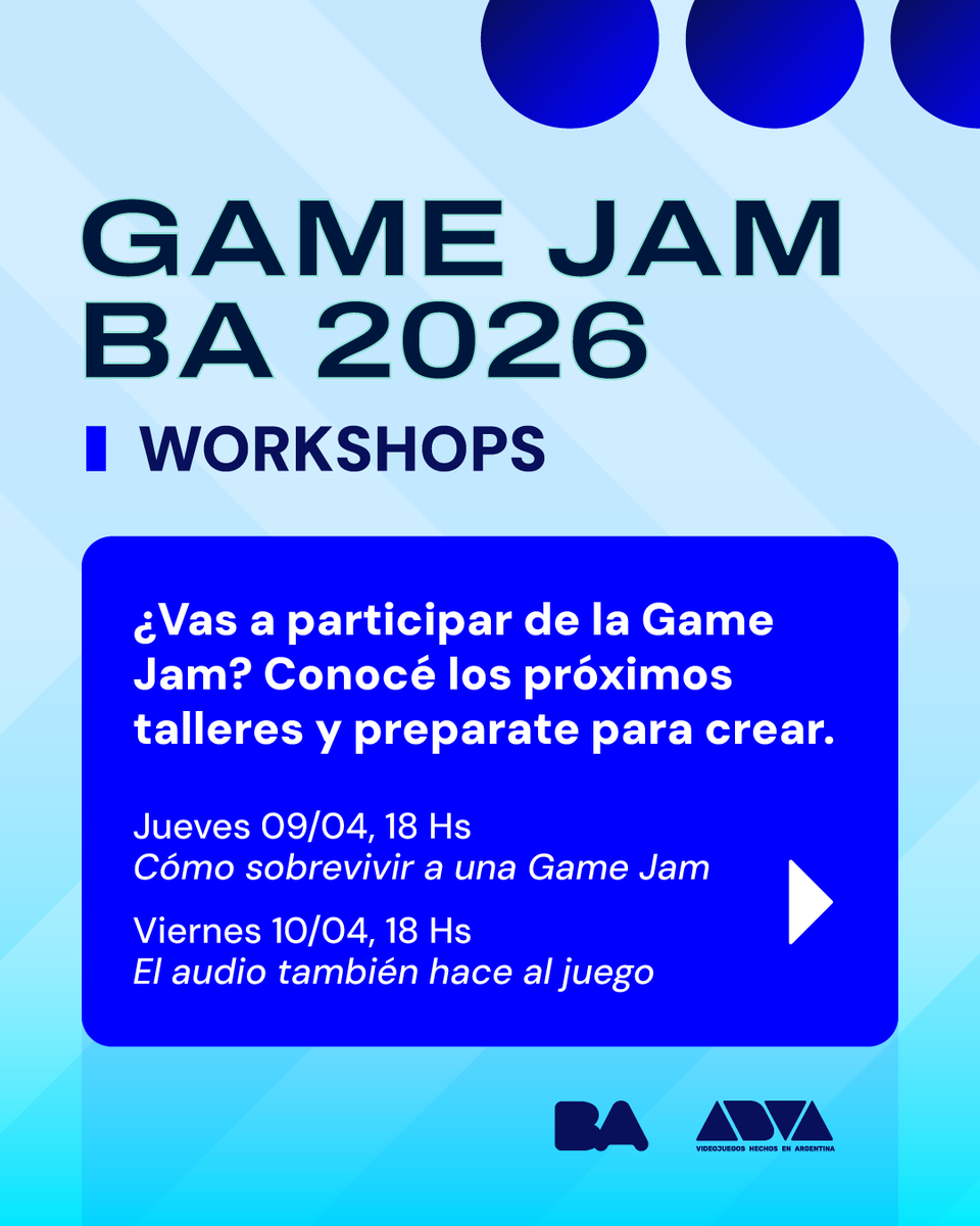 adva_vg's tweet image. ¡Workshops de la Game Jam BA 2026!

¿Vas a participar de la Game Jam? Conocé y sumate a los próximos talleres y preparate para crear tu videojuego. Estate atento a las redes y medios del evento para poder unirte a cada uno.

@BAinGame
#GameJam
#Videojuegos
#Argentina
#GameDev