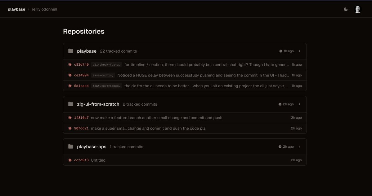 Playbase dashboard showing Claude Code sessions linked to commits
