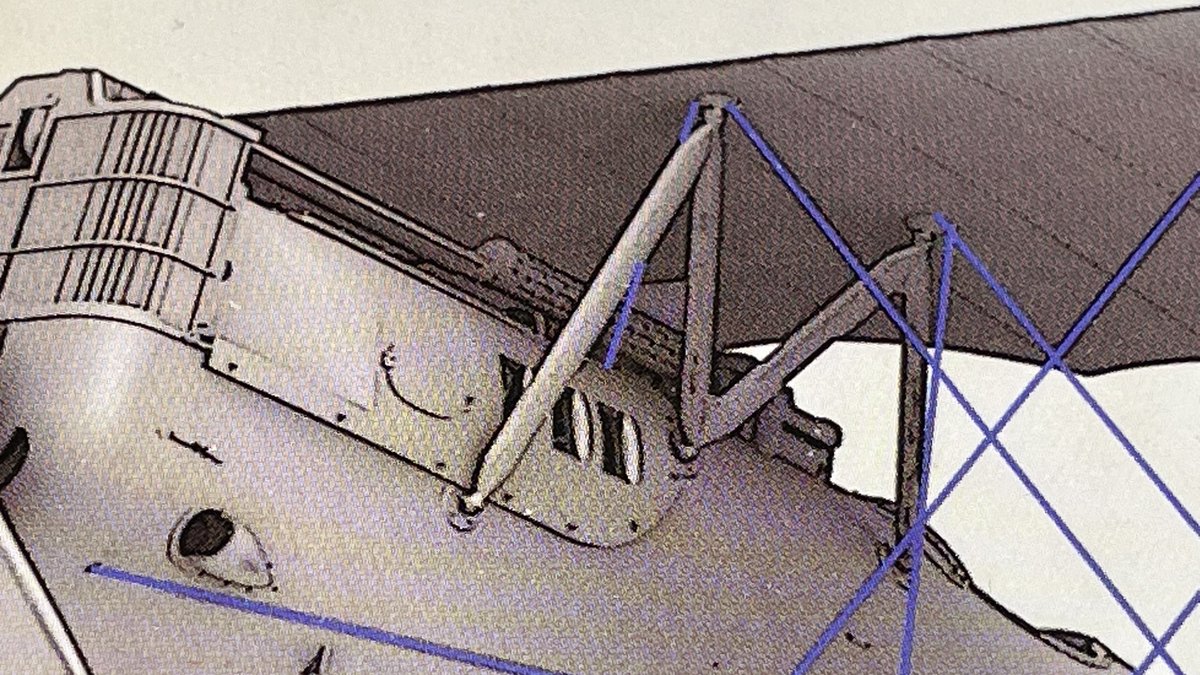 Pfalz D.XII (41-2)
フライングワイヤーのリギング　その2

4-TL エンジンベイ内の隔壁から、まさか想像の斜め上へのリギング^^;
3-TR 隔壁のモールドの穴
2-BL 最後の2本
1-BR エンジンベイからワイヤーがどこから出ているのか最後まで不明でした