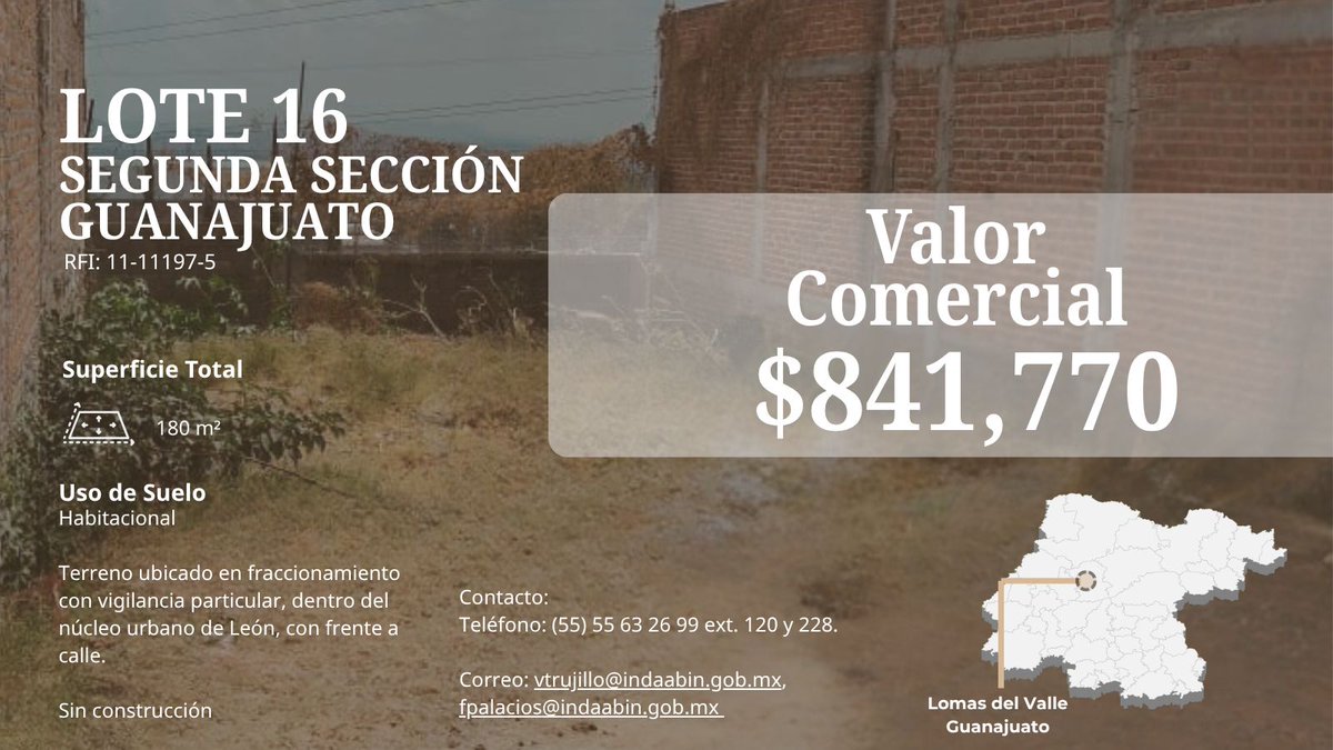 INDAABIN's tweet photo. Participa en la Licitación Pública 01/2026 y conoce el “Lote 16”, una excelente oportunidad ubicado en el Estado de Guanajuato.

Más información: (55) 55 63 26 99 ext. 120 y 228

Consulta las bases:
https://t.co/BOSkn2sZNQ https://t.co/uyRXylT6xk