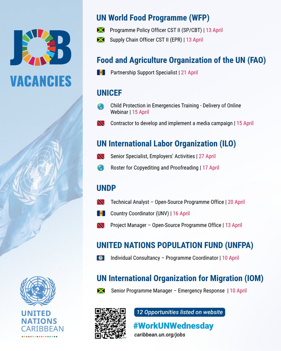 CaribbeanUN's tweet photo. 📣 12 UN Career Opportunities now open in the #Caribbean!  💼🇺🇳

Visit our UN Caribbean portal this #WorkUNWednesday to learn about the vacancy and consultancy opportunities listed! 

🔗 Browse and Apply at: https://t.co/ou0k2vycCV https://t.co/WQ1xtpR1ys