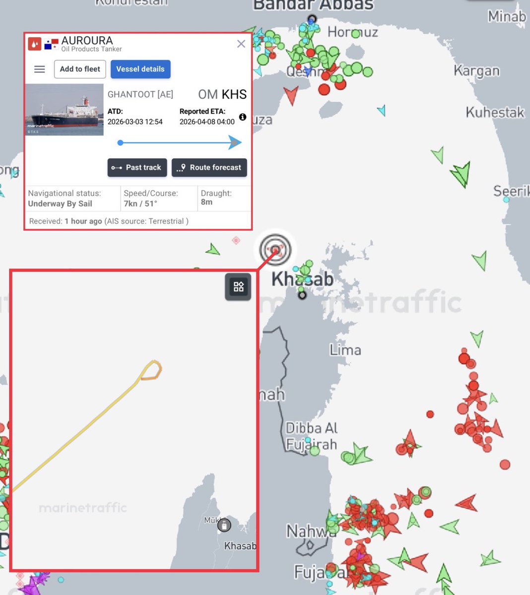 🇵🇦🇮🇷 | El petrolero AUROURA, con bandera panameña y sancionado por el Departamento del Tesoro de Estados Unidos por transportar petróleo iraní, regresó al Golfo Pérsico antes de transitar por el Estrecho de Ormuz. 

Aún se desconocen los motivos de su regreso y las principales