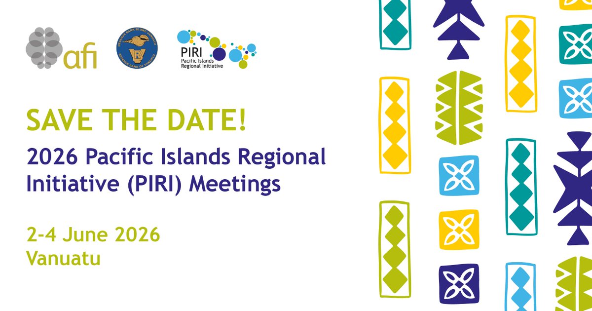 NewsAFI's tweet image. AFI and the Reserve Bank of Vanuatu (RBV) will be hosting the 14th Pacific Islands Regional Initiative (PIRI) in Espiritu Santo, Vanuatu from 2-4 June 2026. 

Learn more about PIRI ➡️ bit.ly/4cueAes

#afiPIRI #Financialinclusion #LeaveNoOneBehind