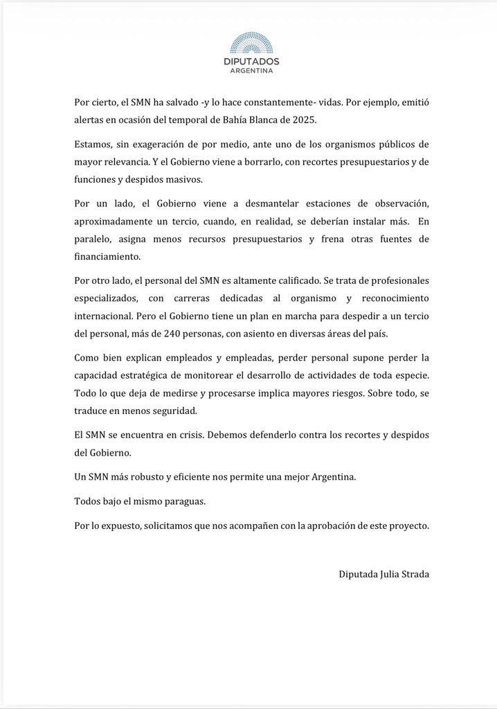 Juli_Strada's tweet photo. Exigimos de manera urgente al Poder Ejecutivo y al Ministerio de Defensa de la Nación que preserven las funciones y puestos de trabajo del Servicio Meteorológico Nacional. 

Hoy están amenazando con 240 despidos en un organismo ESTRATÉGICO no solamente para conocer alertas climáticas para el público en general, sino para resguardar las actividades agrícolas y ganaderas, así como el transporte aéreo, marítimo y fluvial que de otro modo se expone a catástrofes climáticas que ponen en riesgo vidas humanas.