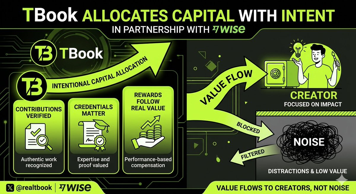 dewi35371's tweet photo. TBook doesn’t just distribute rewards it allocates capital with intent @realtbook  

With WISE
• Contributions are verified
• Credentials matter
• Rewards follow real value

Value flows to creators, not noise https://t.co/yM6tOHxkqX