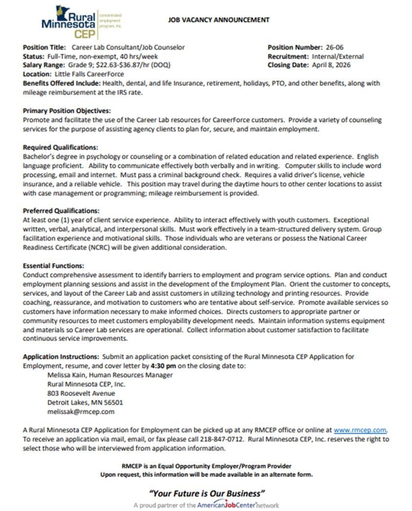 cdcmorrisonmn's tweet image. 📢 HIRING! Deadline 4/8!
#RMCEP is seeking applicants for a FT Employment &amp;amp; Training Job Counselor (MFIP Program-#LittleFallsMN CareerForce)! 
To apply, submit an application packet consisting of the application, resume, &amp;amp; cover letter: rmcep.com/agency-profile…
#MorrisonCounty