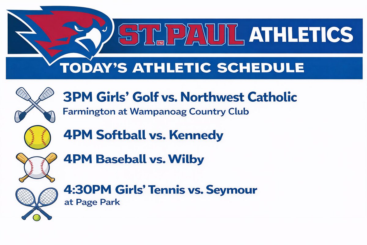 stpaulfalcons's tweet photo. Good luck to the girls’ golf, softball, baseball, and girls’ tennis teams today! #GoFalcs #ctgolf #ctsb #ctbase #ctgten https://t.co/B2lcyFSpqK
