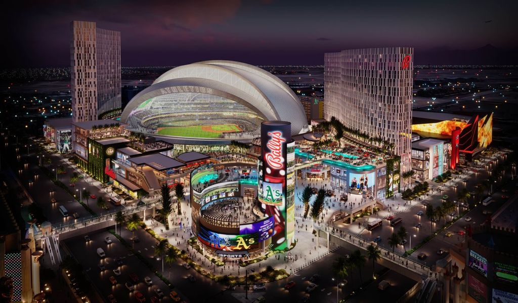Referencing: Rendering of the Bally's integrated resort-casino-retail complex and Las Vegas A's stadium.