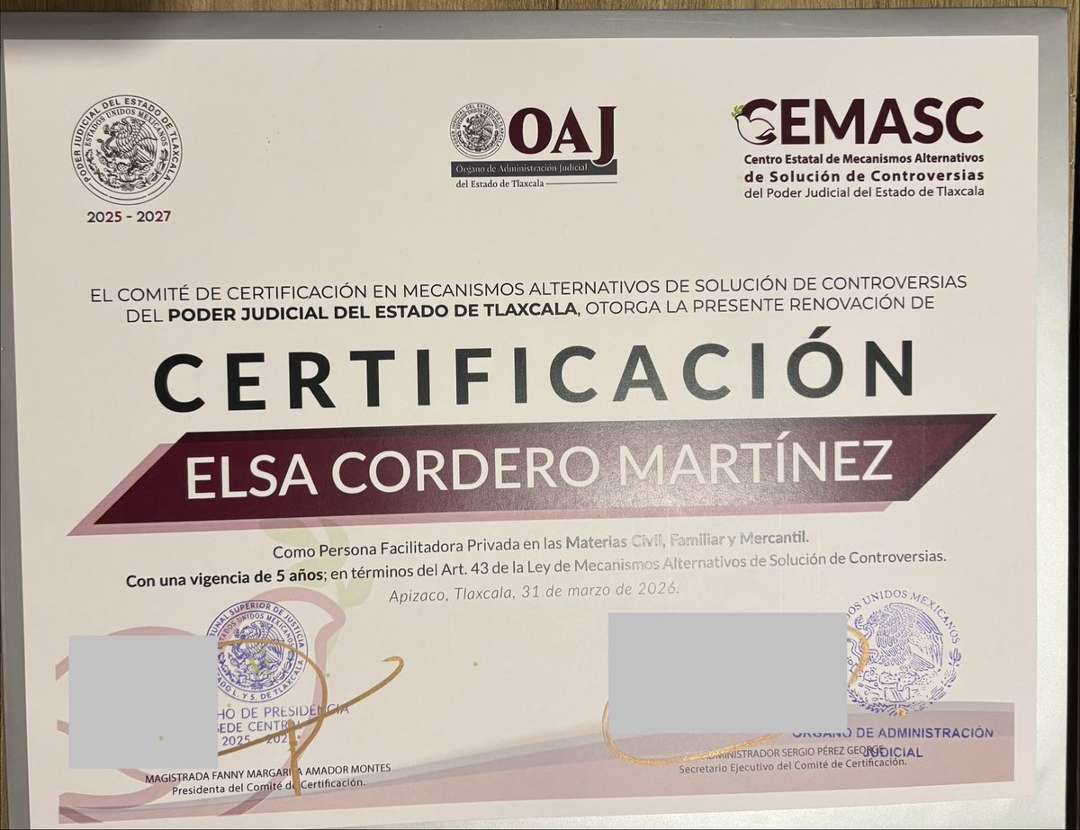 elsacorderom's tweet photo. Recibí del Instituto de Especialización Judicial y del CEJA del Poder Judicial de Tlaxcala mi certificación renovada como Facilitadora Privada, muchas gracias. #CulturaDePaz https://t.co/6E6tKwQixl