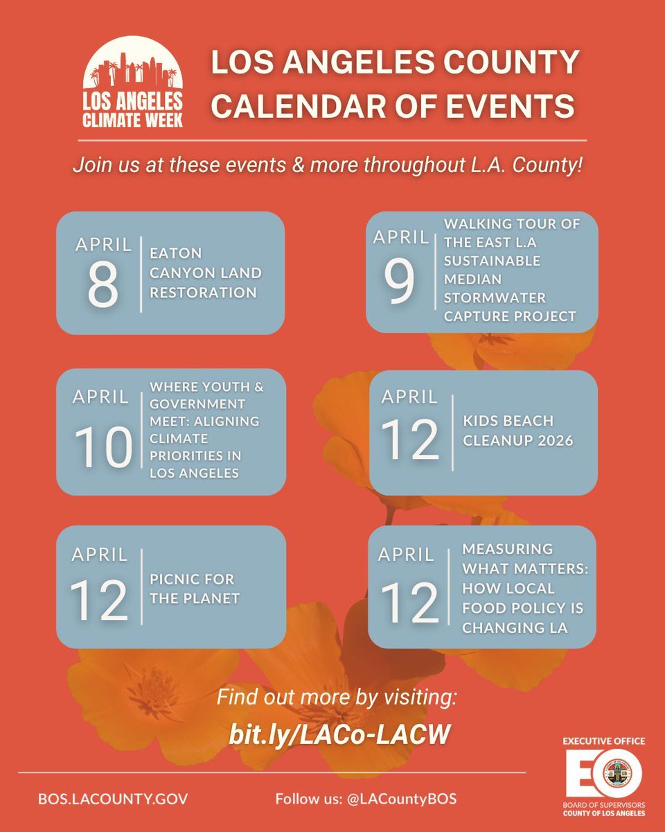 LACountyBOS's tweet image. It’s #LAClimateWeek!

Join one of the many events taking place around #LACounty: from volunteer-led restorations to beach cleanups to community arts &amp;amp; youth activities, there are many ways to get involved &amp;amp; learn about keeping our County cool &amp;amp; green 

 🔗 bit.ly/4sXMkGX