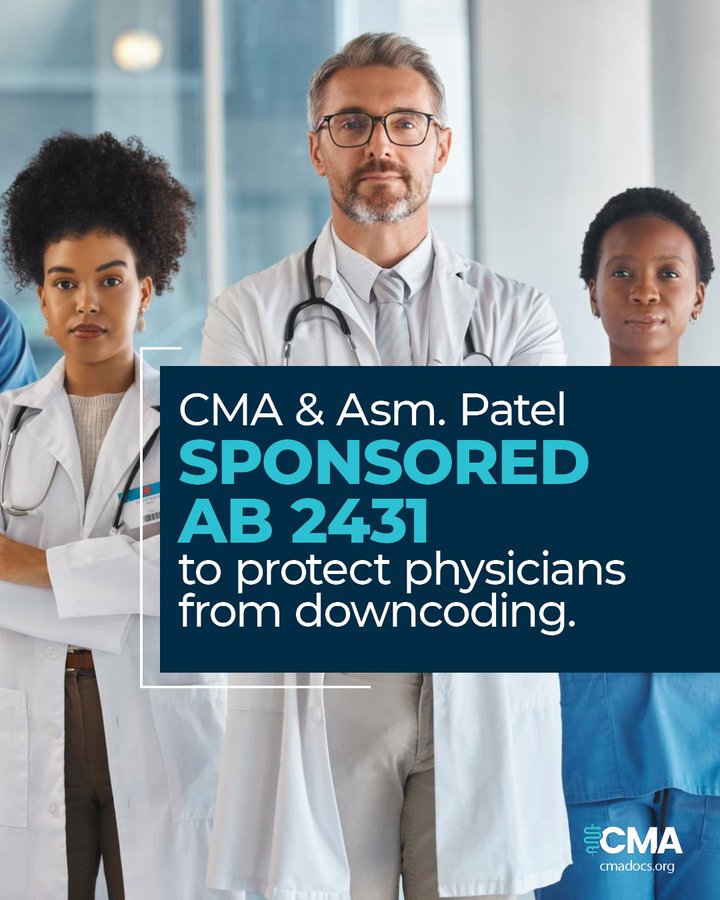 CMAdocs's tweet photo. #AB2431 by @AsmDarshana protects physician practices &amp; patient access to care by prohibiting the automatic claims downcoding without reviewing clinical information supporting the billed service. AB 2431 ensures that physicians are paid for the level of care they actually provide. https://t.co/B4oJASry7R