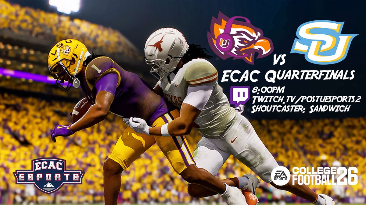 PostUnivGaming's tweet photo. It's @Rocket League and CFB playoff matches tonight!

First up, Rocket League is in the @neccgames Semi-Finals vs LVC at 8pm on https://t.co/5BCM9akTGF

Meanwhile, on https://t.co/30OTyy9sf3 also at 8pm, BigSneezy is in the @ECAC_Esports  Quarterfinals for College Football! https://t.co/gAAsZJ1dZ3