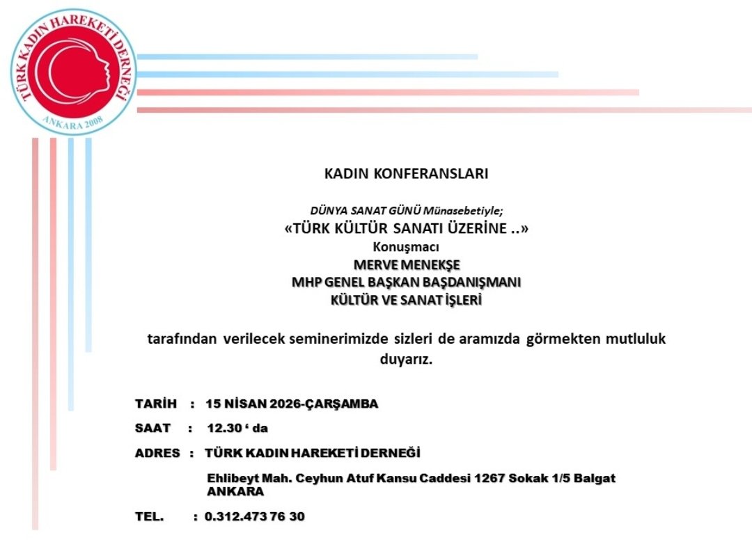 kadharder's tweet photo. MHP Genel Başkan Başdanışmanı Sn. Merve Menekşe Hanımefendi 15 Nisan -Çarşamba günü saat 12.30 da ;
Dünya Sanat Günü Münasebetiyle bizimle olacaktır.
#DünyaSanatGünü https://t.co/RVZpBQE5gf
