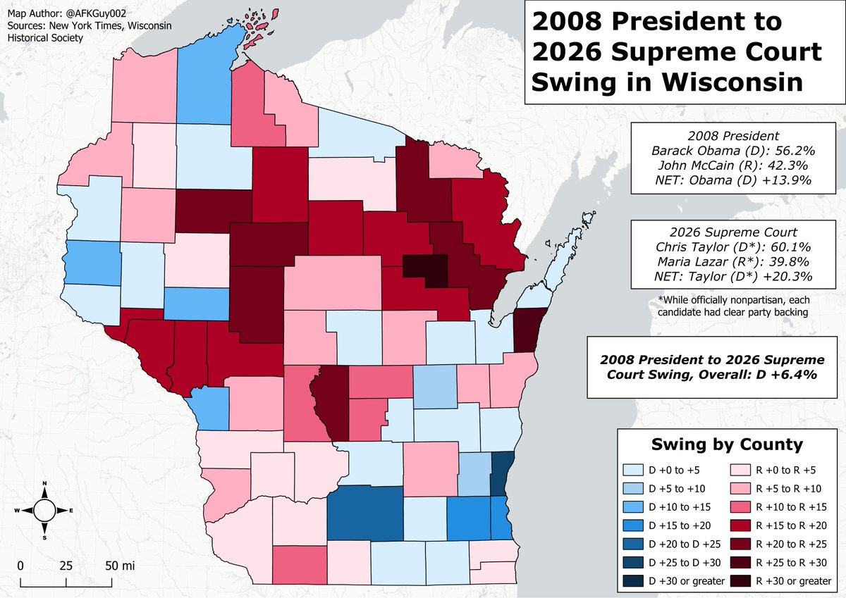 AFKGuy002's tweet photo. Dem-aligned candidate Chris Taylor's landslide victory in the Wisconsin Supreme Court election last night drew comparison's to Barack Obama's famous landslide victory in the 2008 presidential election. This is what the swing between the two elections looks like by county. https://t.co/wUpxbQZKg9