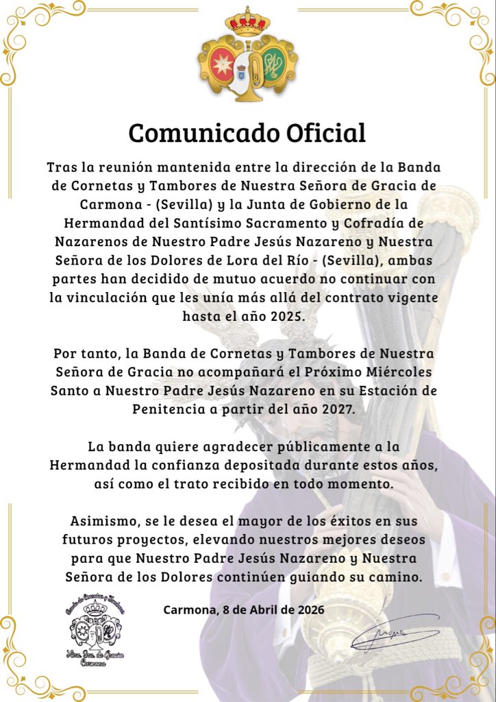 COMUNICADO OFICIAL |  MIÉRCOLES SANTO