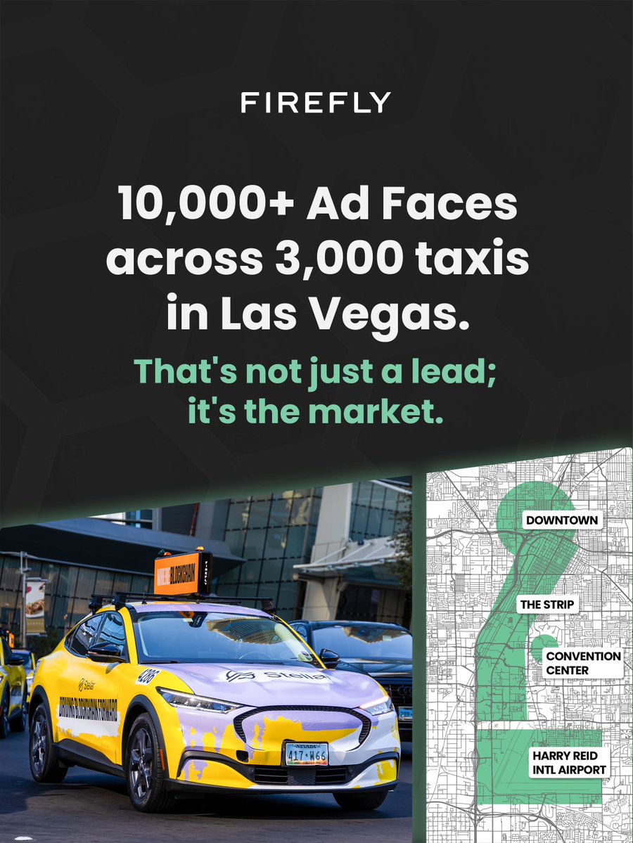 Firefly_Cities's tweet image. Las Vegas moves fast. 🚕

10,000+ ad faces across 3,000 taxis. Over 90% of the market.

From the Strip to the airport, our network covers the entire city.
👉 fireflyon.com

#Firefly #OOH #DOOH #LasVegas