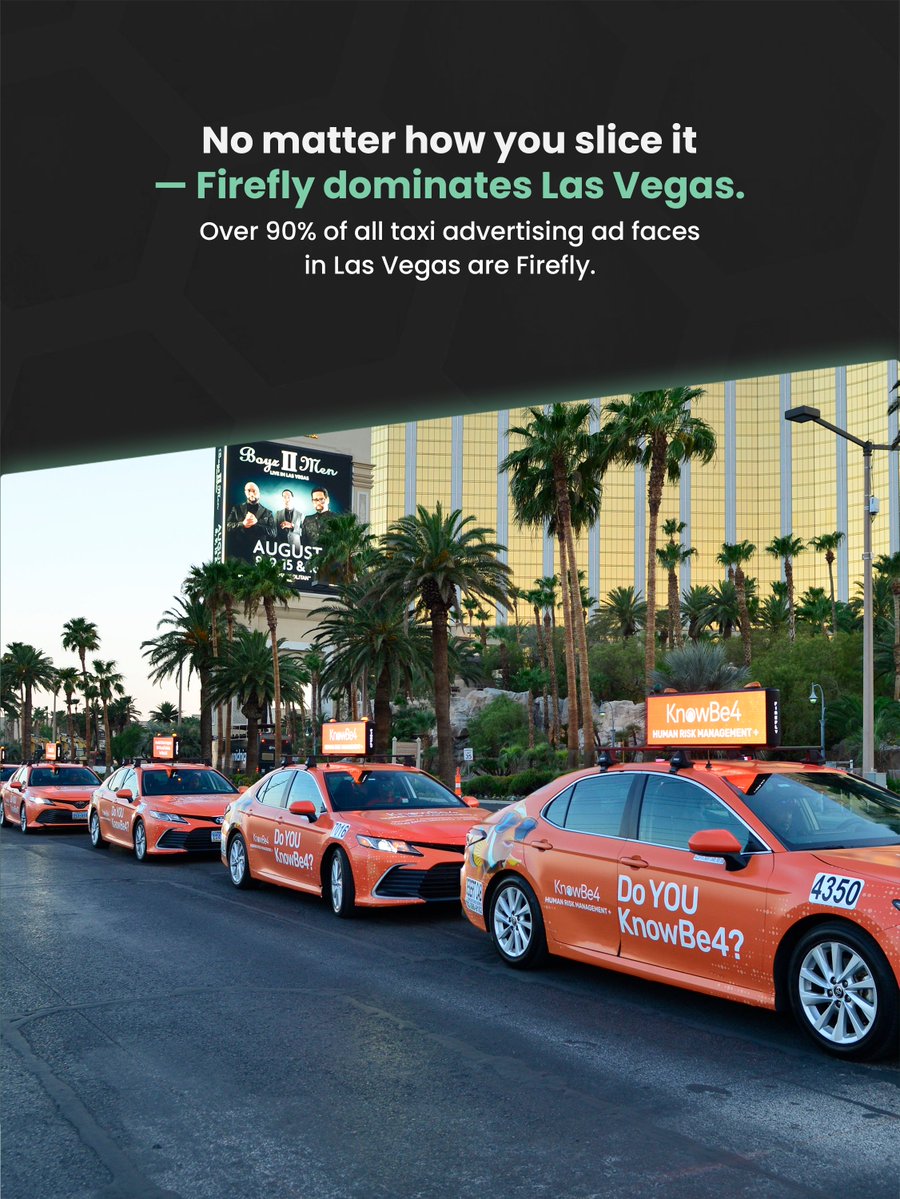 Firefly_Cities's tweet image. Las Vegas moves fast. 🚕

10,000+ ad faces across 3,000 taxis. Over 90% of the market.

From the Strip to the airport, our network covers the entire city.
👉 fireflyon.com

#Firefly #OOH #DOOH #LasVegas