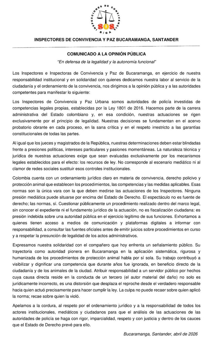 InspectoresBuc's tweet photo. @vanguardiacom @AlcaldiaBGA @Cportilla40 @CONCEJO_BGA @ConcejoBGA_ @CaracolBga @diarioelfrente @CanalTRO @interiorbga @RCNBga Comunicado a la opinión pública Inspectores de Convivencia y Paz Bucaramanga- en defensa de la legalidad y la autonomía funcional https://t.co/car1IN21lL