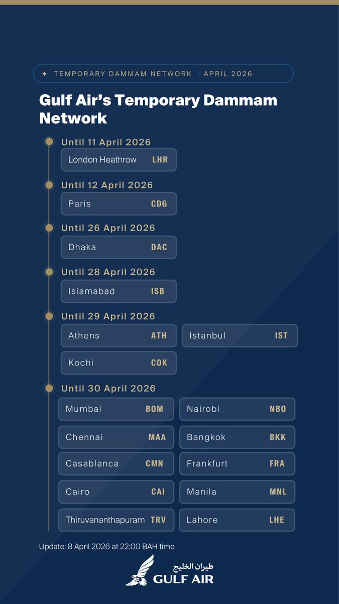 GulfAir's tweet image. Gulf Air's temporary Dammam Network: gulfair.com/Network