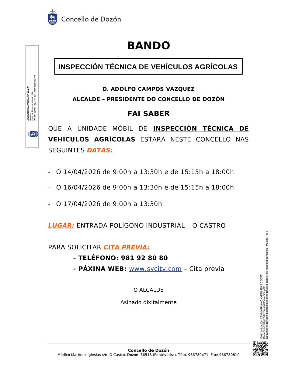 ConcellodeDozon's tweet photo. A unidade móbil de Inspección Técnica de Vehículos (ITV) agrícolas estará operativa na entrada do polígono industrial o martes, o xoves e o venres da seguinte semana. Pódese solicitar cita previa polos seguintes medios:
Teléfono: 981 92 80 80
Web: https://t.co/6Zx80XZbnK https://t.co/pXjOwxhT0R