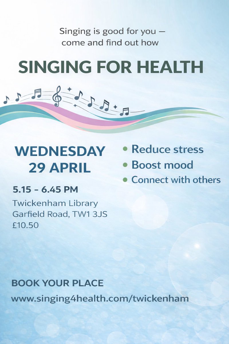 Singing4Health's tweet photo. Join us in Twickenham Library on the 29th, for another joyful singing session! #singingforhealth #singing4health #singingforwellbeing #twickenham #twickenhamlibrary #twickenhamevents https://t.co/QpH3j19GYJ