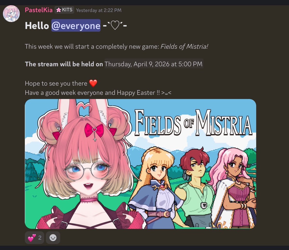 I almost forgot!

🌈I am live tomorrow, Thursday 9th at 5PM EEST / 3PM BST at twitch.tv/pastelkia

I will be playing Fields of Mistria - it's a completely new game to me so join us for a new playthrough experience! ✨ #ENVtuber #Vtuber