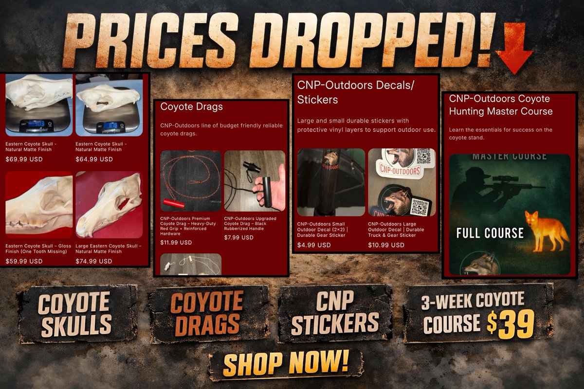 CNPOutdoors's tweet image. PRICES DROPPED 🐺⬇️

Skulls. Drags. Stickers.  
+ Full 3-week course for $39.

Built from the field. Proven on coyotes.

Shop now 👇  
cnp-outdoors.myshopify.com

#CoyoteHunting #PredatorControl #HuntingGear #ThermalHunting #CNPOutdoors
