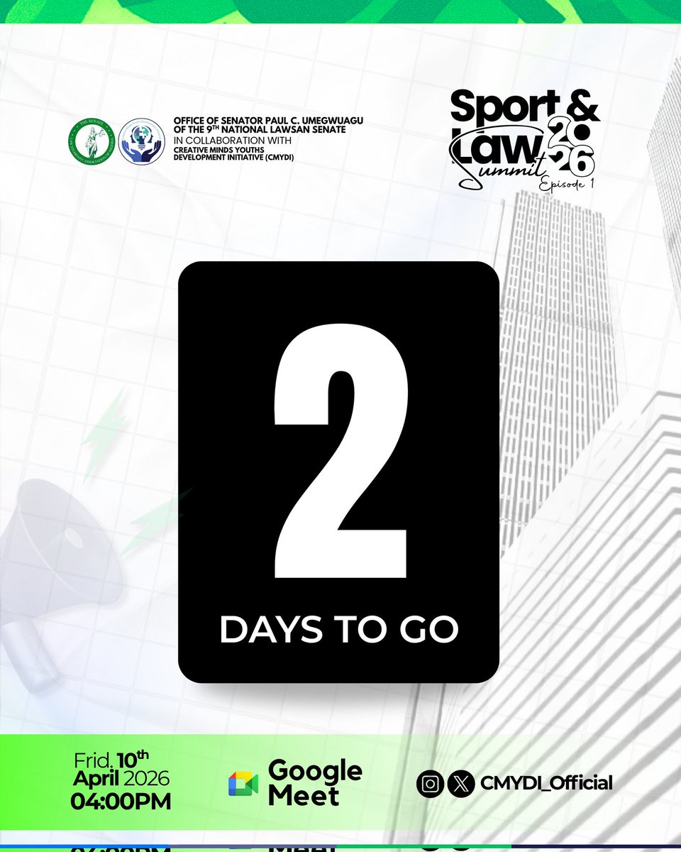 CMYDI_Official's tweet photo. ⚽⚖️ Sport &amp; Law Summit 2026 – Ep 1

Meet Our Speaker: Israel Adedeji-Ajoje @israel_ajoje 
(Int'l Sports Lawyer &amp; FIFA Agent)

Theme: The Legal Game  
Topic: Building a Sport Law Career

Fri 10 Apr | 4PM | Google Meet

DM @CMYDI_Official  
https://t.co/oDagpQFxAJ

#SLS26 #CMYDI https://t.co/bfdabE7iCX