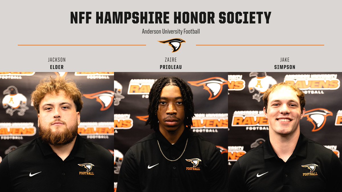 AthleticsAU's tweet photo. Congrats to @AUFootball__'s Jackson Elder, Zaire Prioleau and Jake Simpson on being named to the @NFFNetwork Hampshire Honor Society! The NFF recognized senior football contributors with at least a 3.2 cumulative GPA. #SoarRavensSoar #GBGR #TheRavenWay #MyAUStory https://t.co/rakVhi7eLV