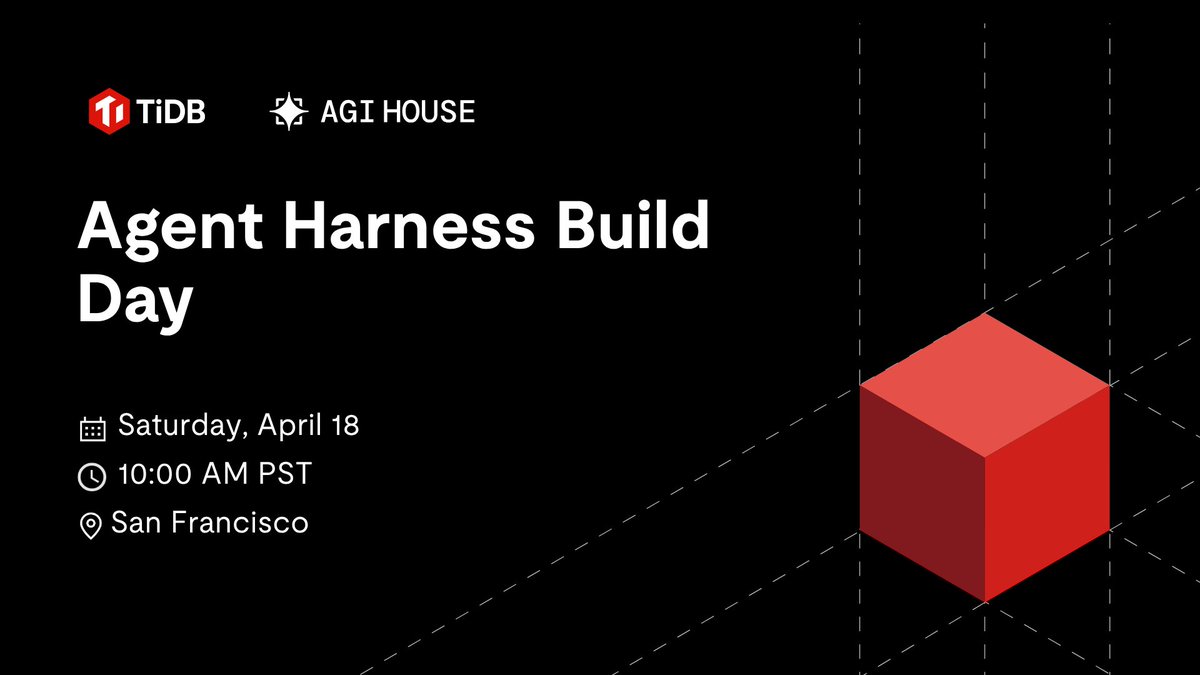 PingCAP's tweet photo. We’re honored to support the AGI House ecosystem and can’t wait to see the breakthroughs that emerge from this focused day of building.
When: Saturday, April 18th.
Request to join the build: https://t.co/2Dnb8yak55
#AGIHouse x #TiDB #PingCAP #AIAgents #AgentHarness #Database https://t.co/lOYXleY1df