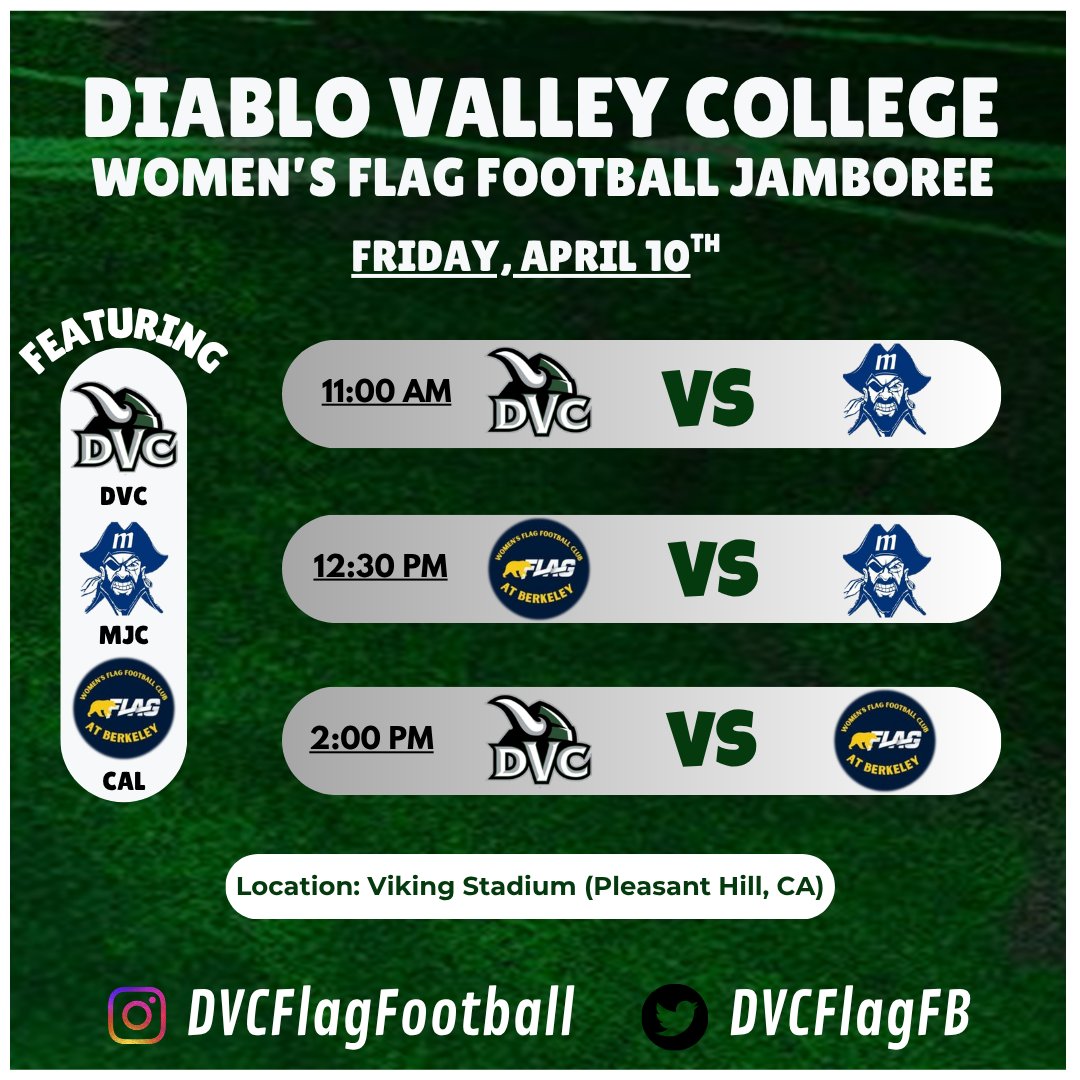 DVCFlagFB's tweet photo. Excited for the opportunity to host the Diablo Valley College Women's Flag Football Jamboree this Friday, April 10th with MJC and Cal at Viking Stadium! Kickoff at 11:00 AM. See you there! #GoViks #FlagFootball https://t.co/t4mmxma1oM