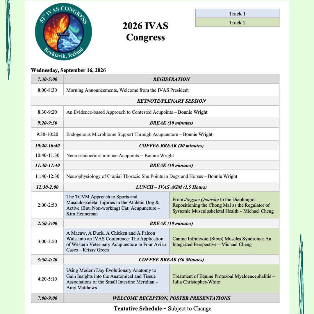 IVASOffice's tweet photo. The IVAS Congress schedule is now available.

This year’s program features a diverse lineup of sessions focused on advancing knowledge, clinical skills, and innovation in veterinary acupuncture.

Click here to view our 2026 IVAS Congress page
https://t.co/e36YLw7QKy https://t.co/7cCSMBVH93