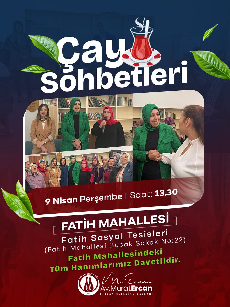 Bir araya gelince çoğalan muhabbet, paylaştıkça güzelleşen anlar☕

Fatih  Mahallemizde hanım kardeşlerimizle samimi bir çay sohbetinde buluşuyoruz.
Gelin, sohbetimize siz de ortak olun. 

📍 9 Nisan Perşembe
⏰ 13.30
📍 Fatih Sosyal Tesisleri, Fatih Mahallesi, Bucak Sokak No:22