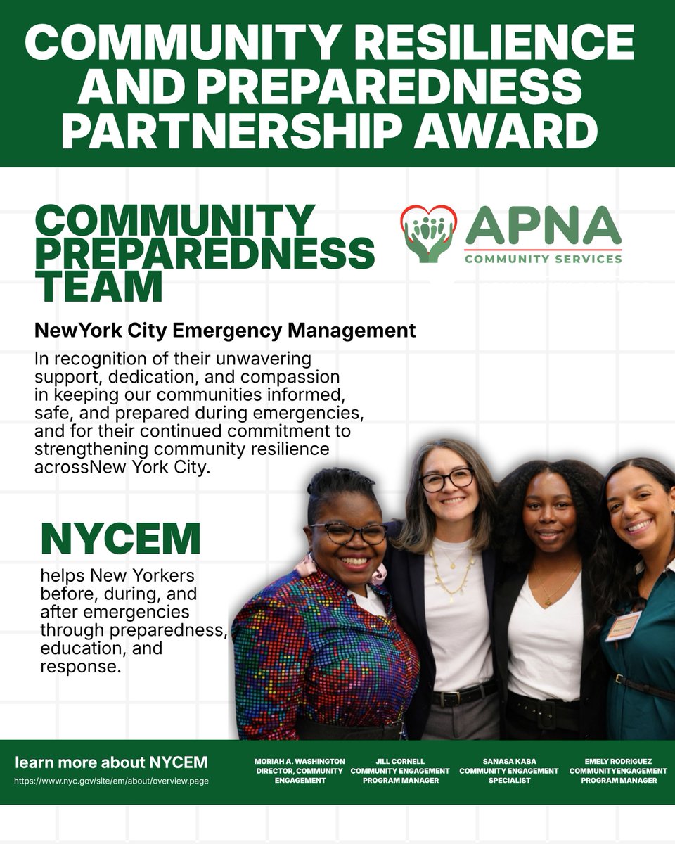 Apnaservicesinc's tweet photo. Honoring those who keep our communities safe, informed, and prepared 💚
We are proud to recognize the Community Preparedness Team @nycemergencymgt for their unwavering dedication, compassion, and commitment to strengthening resilience across New York City.
#NYCEM #APNA https://t.co/mmTOq538eK