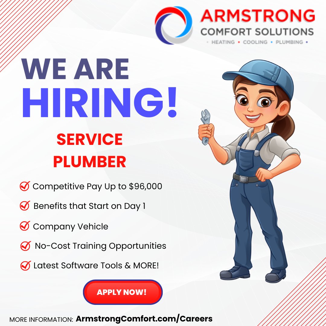 ArmstrongHVAC's tweet photo. We’re seeking skilled &amp; dependable Service Plumbers to help deliver 5 service to our customers. Ready to take the next step in your career? Apply today!
🌐 https://t.co/Te7ircnbhP

#NowHiring #PlumberJobs #SkilledTrades #ArmstrongComfortSolutions #JoinOurTeam https://t.co/i8aa38MBbZ