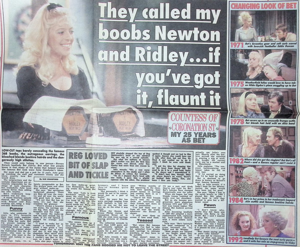 TvDidYouSee's tweet image. #OnThisDay 27 April 1995
COUNTESS OF CORONATION STREET - My 25 Years as #CoronationStreet's Bet -
#JulieGoodyear tells The Sun: "They called my boobs Newton and Ridley . . . if you've got it, flaunt it"