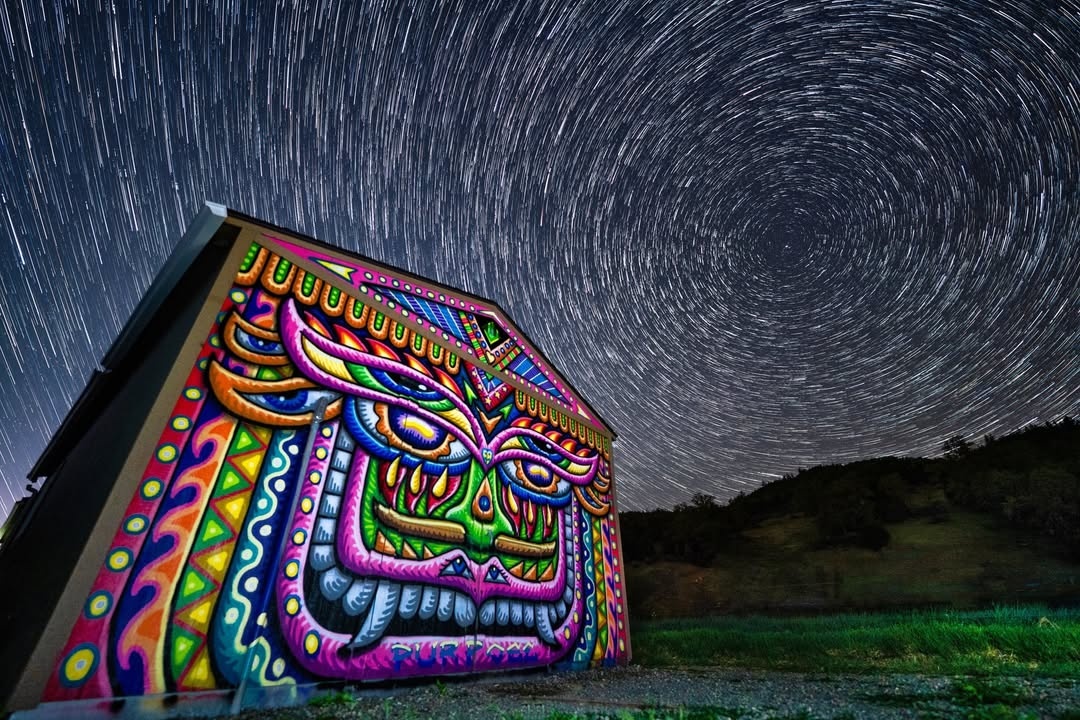 Here some beautiful photographs by @acormier_captures of some of the murals at <a href="/mendojafarms/">MendojaFarms</a> in Northern California! 
#muralphotography #spacephotography #visionarymuralism #visionarygraffiti #chrisdyermurals