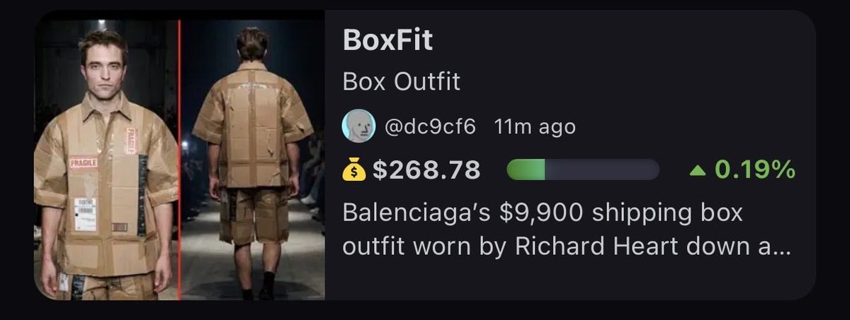DeFiTriggs's tweet image. Let’s test the #PulseChain TRENCHES 

Richard posted about this $BOXFIT 

Balenciaga’s $9,900 shipping box 📦 fit

Could be a runner 👀 

Degen time! 💎 

Exclusively on pump.tires! 

0xfe86816166cd0798c27551a1221c44614335bdea