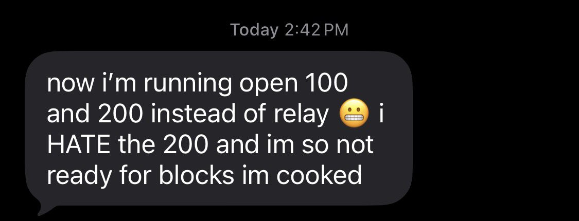 taggartvanetten's tweet image. text from my niece who’s running her first high school track meet today