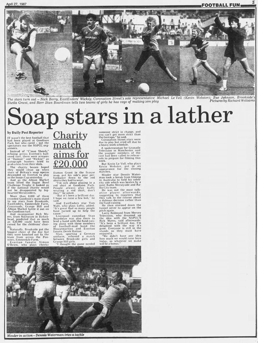 TvDidYouSee's tweet photo. #OnThisDay 27 April 1987
SOAP STARS IN A LATHER
Whilst the Albion Market team take the trophy in this charity football match, it's #EastEnders' Nick Berry, #CoronationStreet's #MichaelLeVell and #Brookside's #SueJohnston that get the attention, refereed by "Herr" Stan Boardman. https://t.co/Uye7QRBCFD