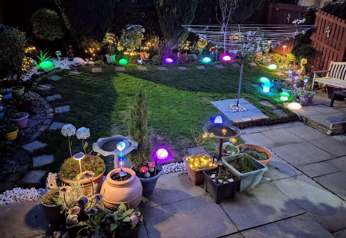 Peakfanblog's tweet photo. May not be for everyone, but we love sitting out on a nice evening, enjoying the lights, mainly from @SolarCentre 

The pups enjoy a colourful bimble, in and out of the plants and the nooks and crannies we leave for them to have fun.

Chilled... https://t.co/9yMSDlcR1m