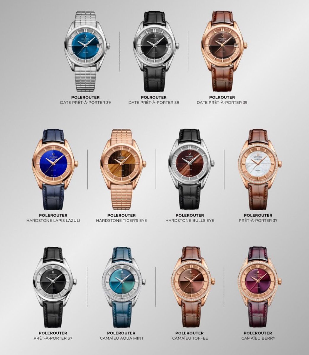 secondemorte's tweet image. Universal Genève relance ses modèles historiques avec plusieurs déclinaisons de chaque modèle, pour des design très réussis avec de la pierre et des métaux précieux