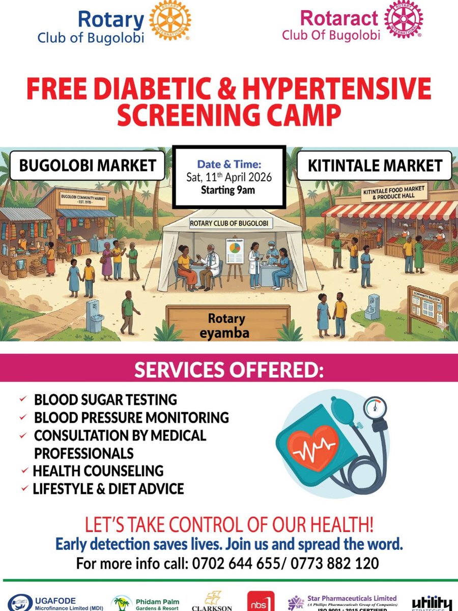 Rotary_Bugolobi's tweet photo. Rotary &amp; Rotaract Club of Bugolobi invite YOU to a FREE Diabetic &amp; Hypertensive Screening Camp!

🗓️ Sat, 11 Apr 2026 | 9 AM
📍 Bugolobi &amp; Kintale Markets

Get:
✔️ Blood sugar &amp; BP checks
✔️ Doctor consultations
✔️ Health counseling
✔️ Lifestyle tips
 
Don’t Miss Out on This ! https://t.co/AhBMMHOUdb