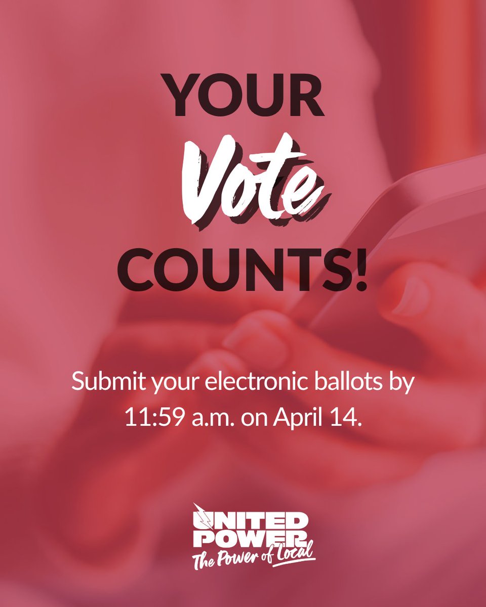 unitedpowercoop's tweet photo. 🌟 United Power members, have you voted in our director election? 🗳️ Vote online by April 14, 11:59 a.m. 💡 Learn more: https://t.co/FPCoH97Fdk #ElectricCooperative #DirectorElection #VoteNow #Colorado #Energy https://t.co/64ZK9Xlbfs