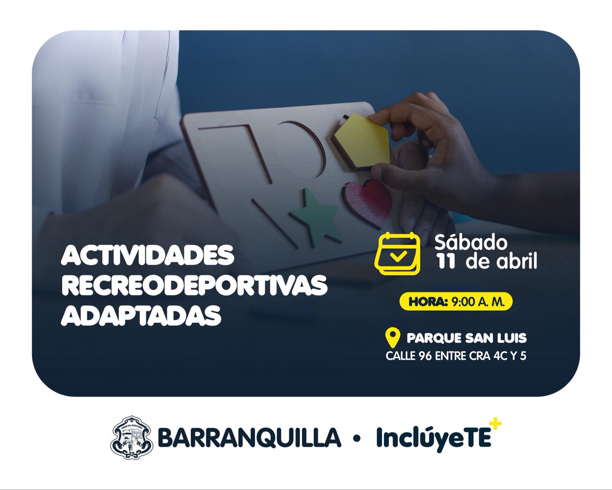 ¡Actividades Recreodeportivas para toda nuestra población en condición de discapacidad!

Te invitamos este sábado 11 de abril al parque San Luis, para disfrutar de una jornada de juegos, actividades, premios y mucho más. 

Inscríbete: goo.su/SzsTAQ