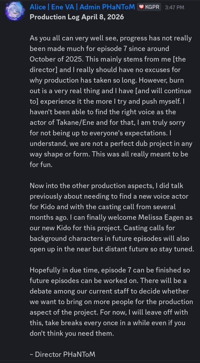 kagerou_radio's tweet photo. Here is a production update from our director. We hope that you all will continue supporting our project. 
#kgpr #kagerouproject #カゲプロ https://t.co/y5Qqxzc8JA