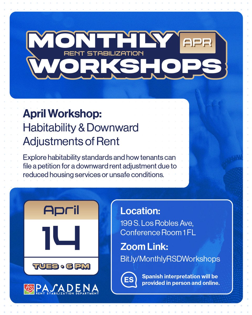 PasadenaRSD's tweet photo. Join us for our free Monthly Workshop on Habitability &amp; Downward Rent Adjustments on Tuesday, April 14 at 6 p.m. at 199 S. Los Robles Ave. Learn how to identify violations, gather documentation, and navigate the petition process. 

Zoom Link: https://t.co/IQsIX8h4Vr https://t.co/CsbgrdbYns