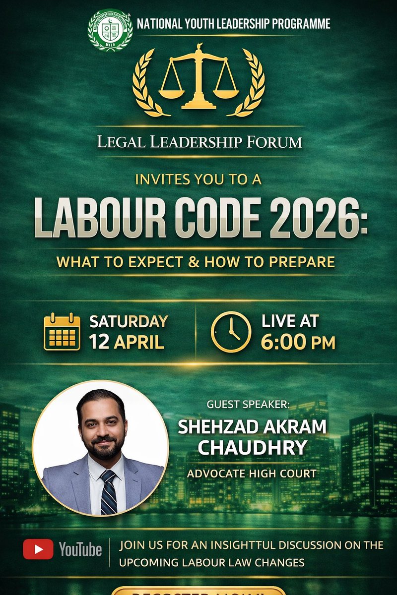 Chwaleedmj's tweet photo. Labour laws in Pakistan are evolving. Are you ready?
Join our LIVE session on
Punjab Labour Code 2026
🗓 12 April | ⏰ 6 PM
🎙 Shehzad Akram Chaudhry (Adv. High Court)
Register: https://t.co/MK5SKpVWlT

#Laborlaw #Pakistan #LegalUpdate #NYLP #Lawyers #HRPakistan https://t.co/6ZBDAcqLwZ