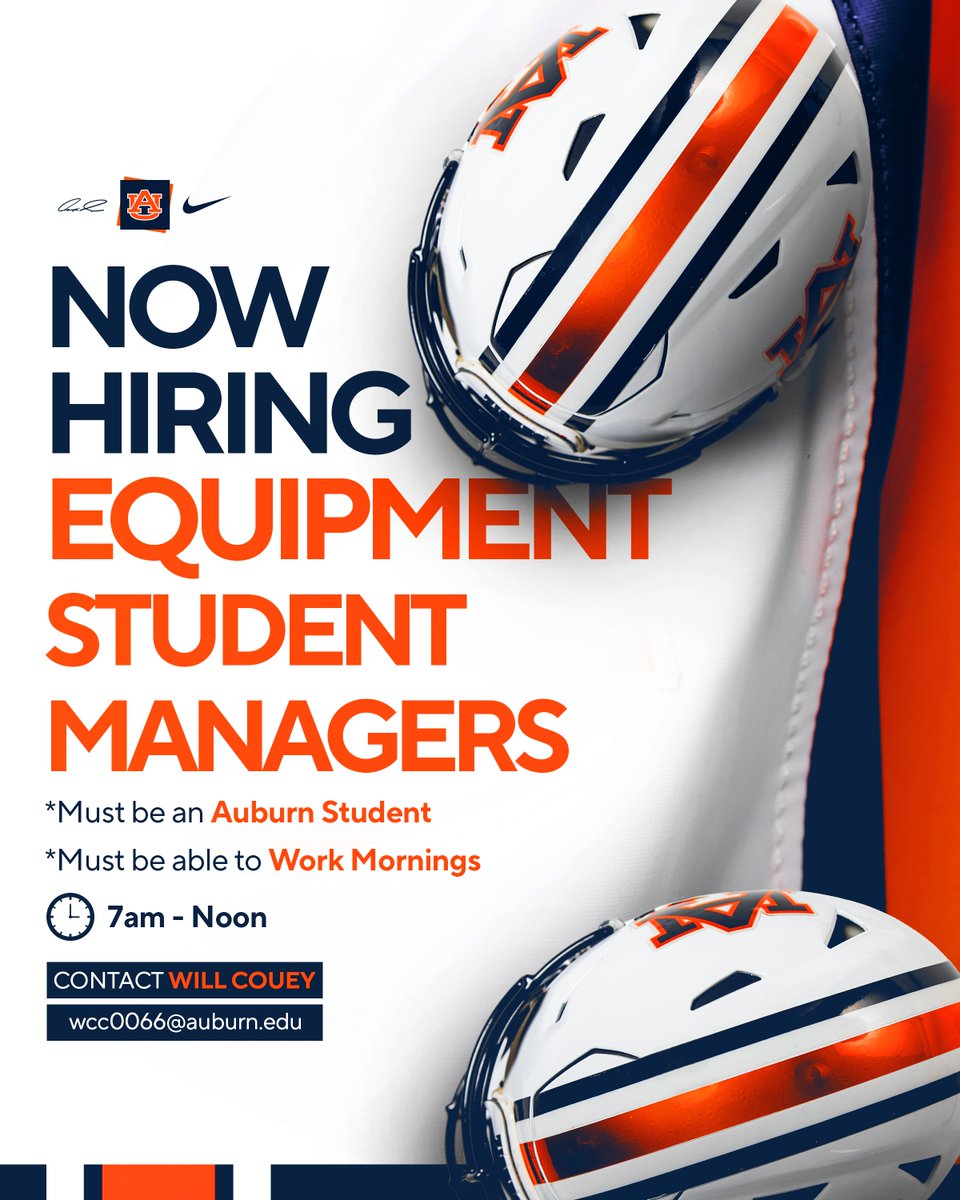 AuburnFootball's tweet image. Be part of the standard 🔧🦅
Now Hiring Equipment Student Managers!

@AuburnEquip | #WarEagle