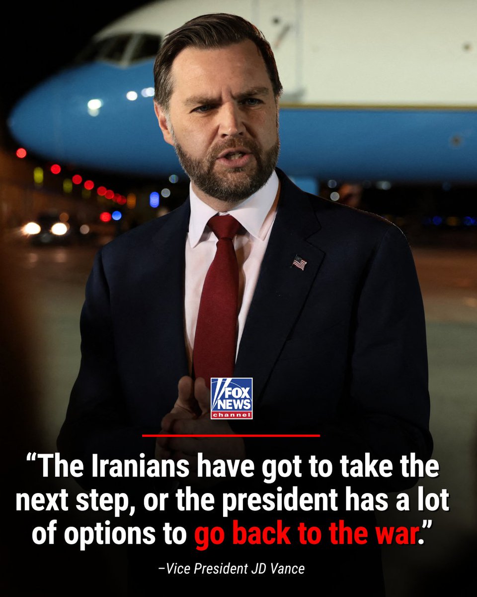 FoxNews's tweet image. NEW: Vice President JD Vance demands Iran “take the next step” for peace or the U.S. will explore “a lot of options” to return to war.